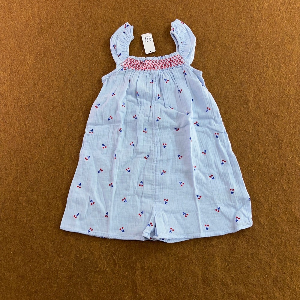 Baby Gap Toddler 4Y Blue Cherry Smocked Cotton Gauze Romper NWT